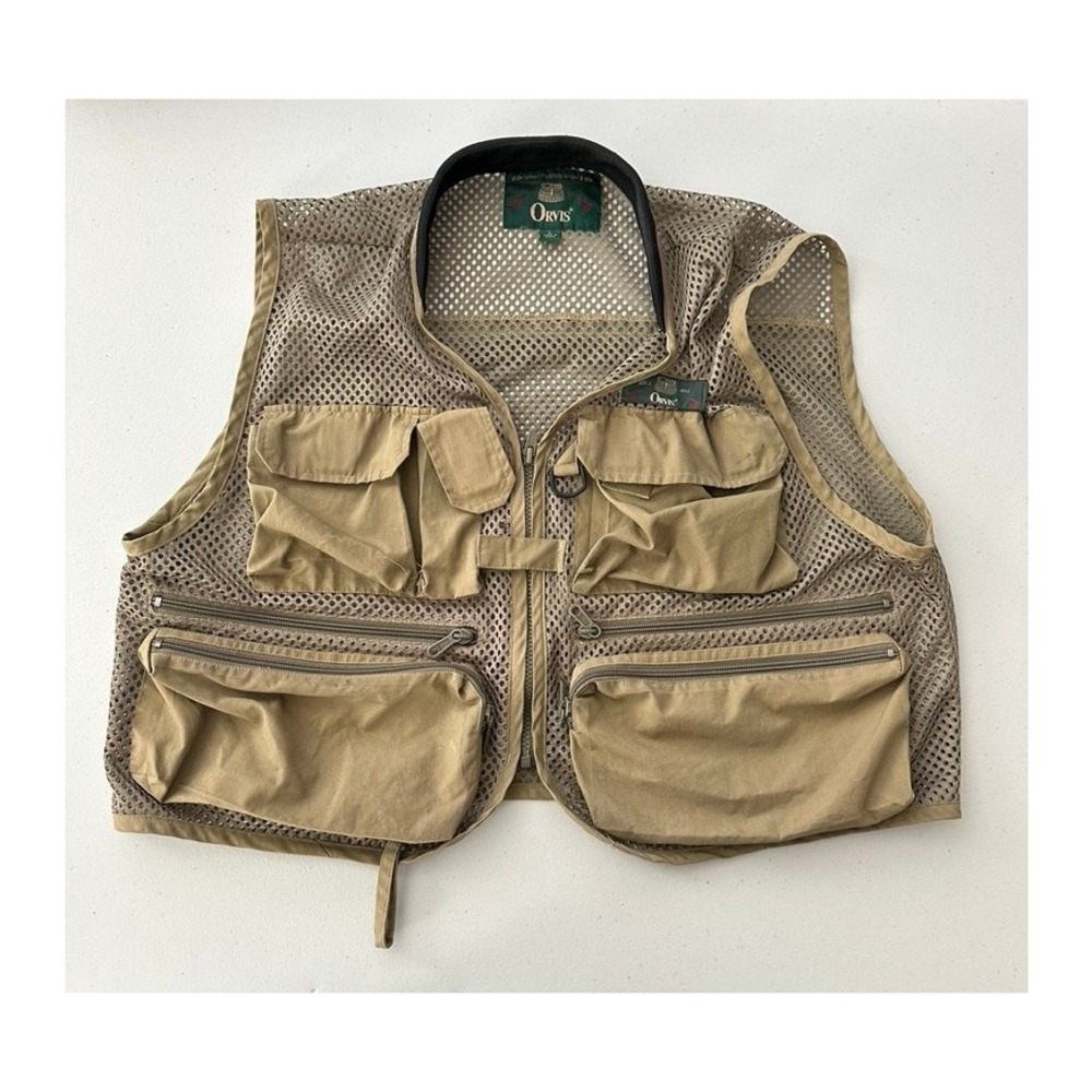 Orvis Mesh Fly Fishing Vest Large Khaki Tan Multi Pocket Utility Gorpcore